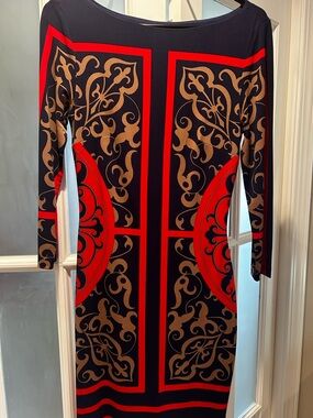 Cache Black Long-Sleeve Sheath Dress with Red and Tan Scroll Print